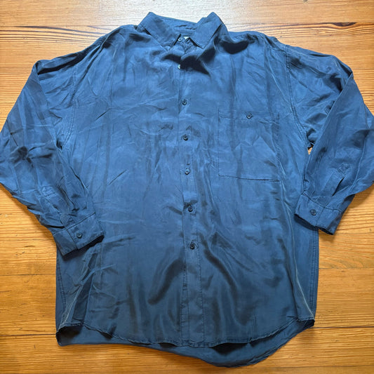 City Streets vintage blue silk long sleeve mens button up shirt SIZE L