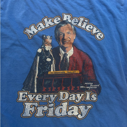 Mr Roger's graphic Make Believe its Friday blue short sleeve shirt SIZE S