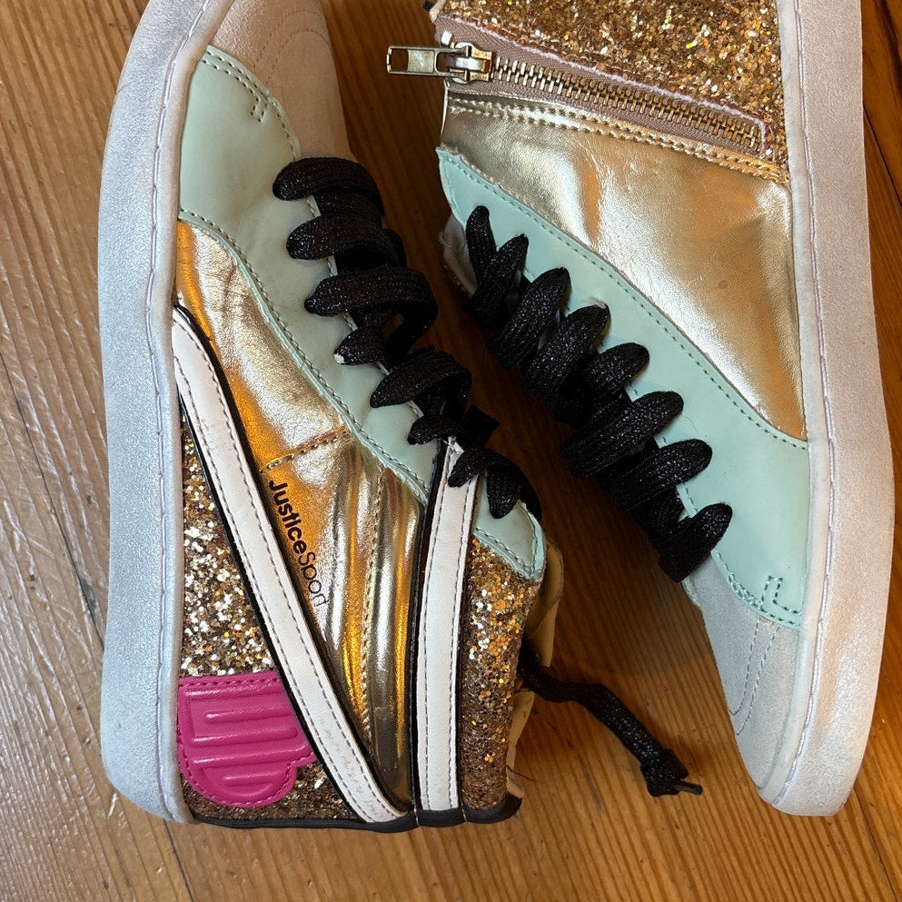 Justice Sport metallic gold glitter high top zipper side girls sneakers SIZE 4