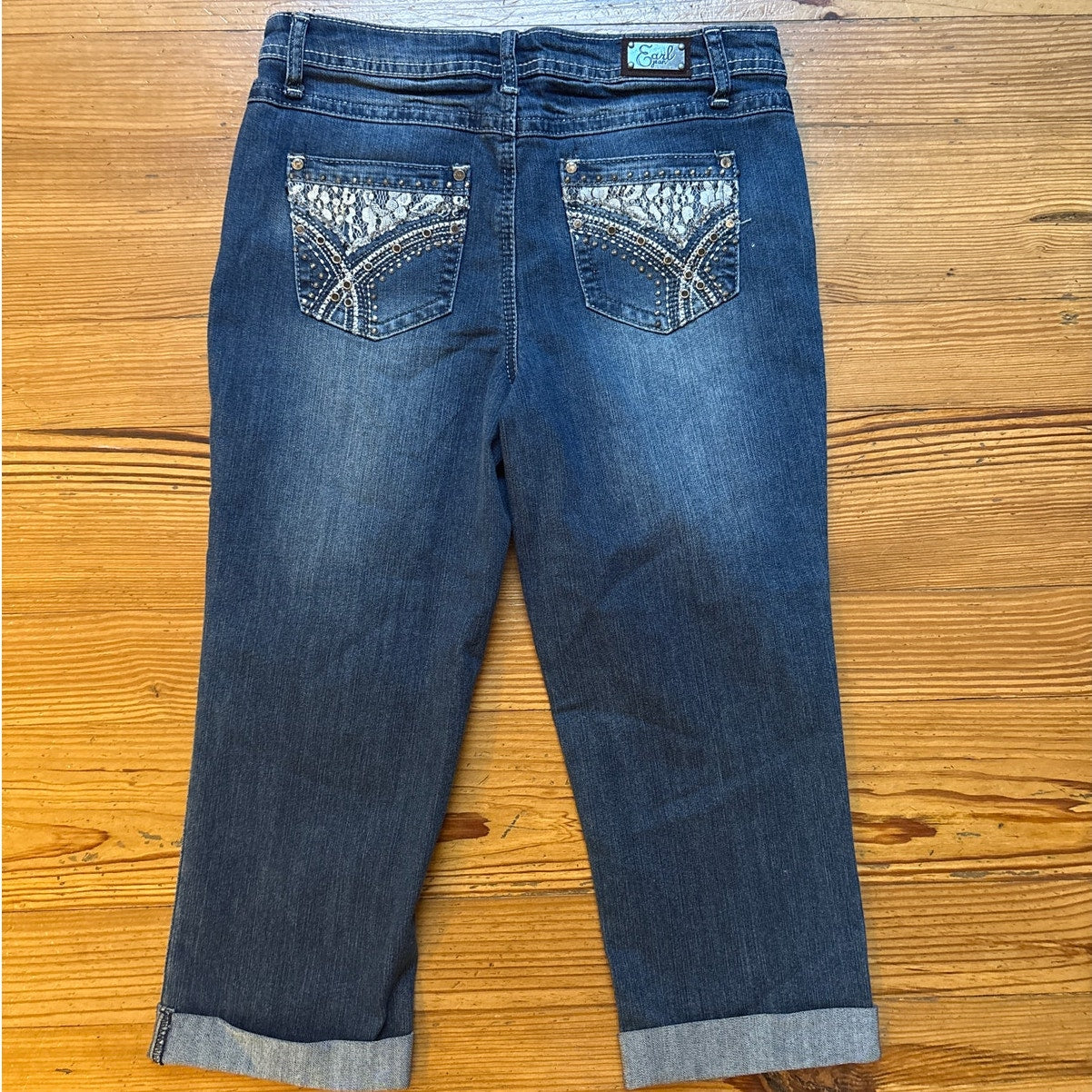 Earl Jean dark wash cropped cuffed jeweled studded lace pocket jeans SIZE 6