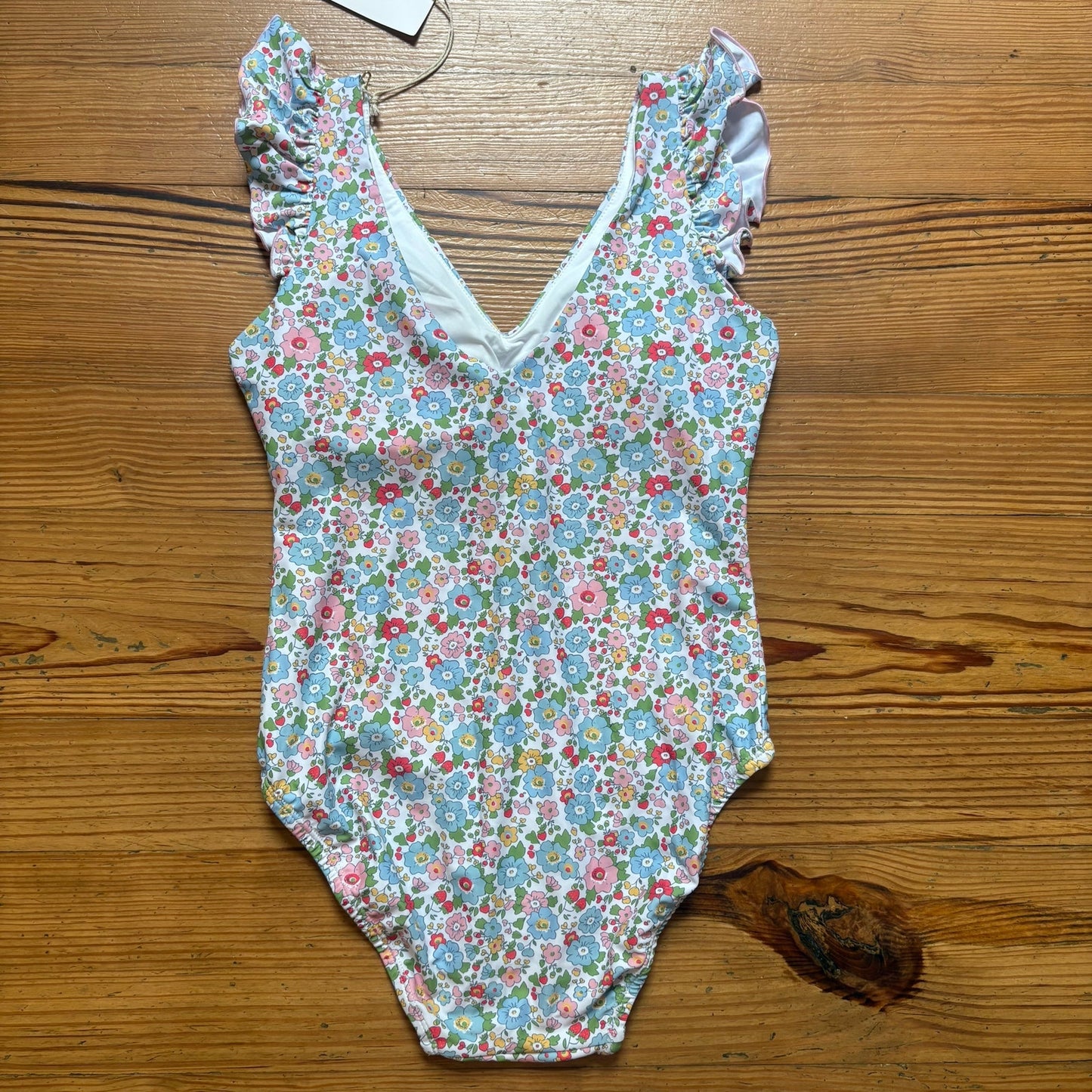 NWT Serendipity white floral ruffle cap sleeve cheeky one piece swimsuit SIZE S