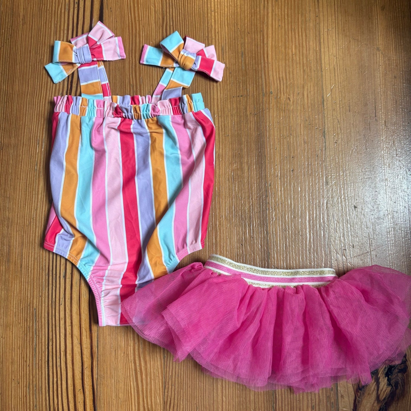 Mud Pie pink striped bow one piece tutu swimsuit SIZE 12-18M