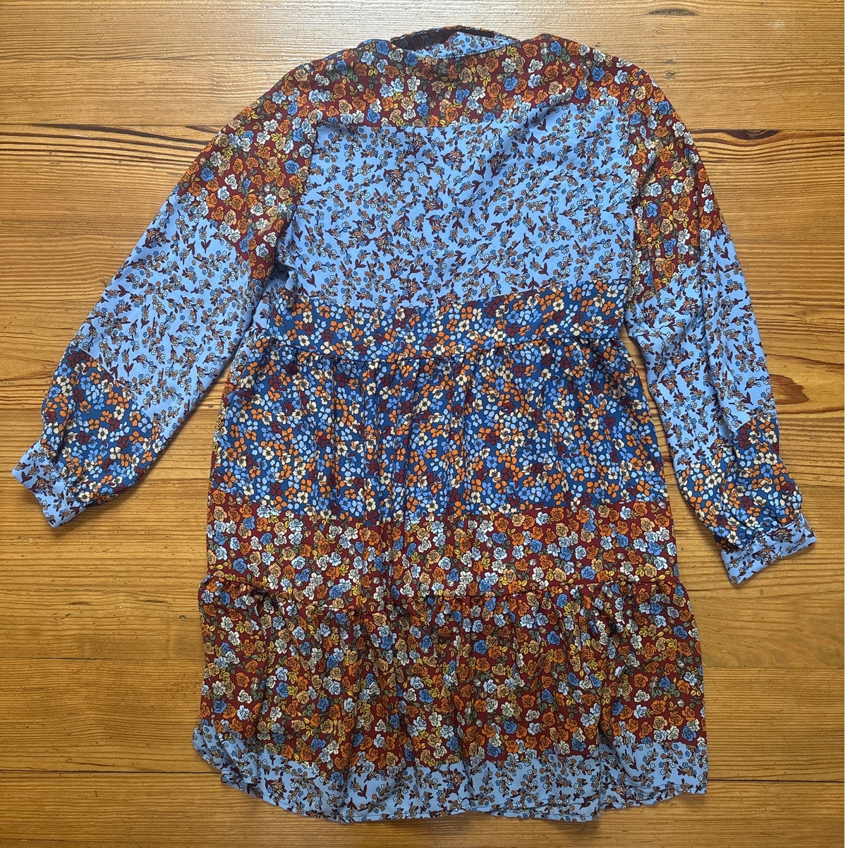 Emma & Michele red blue boho floral babydoll collar tiered log sleeve dress SIZE M