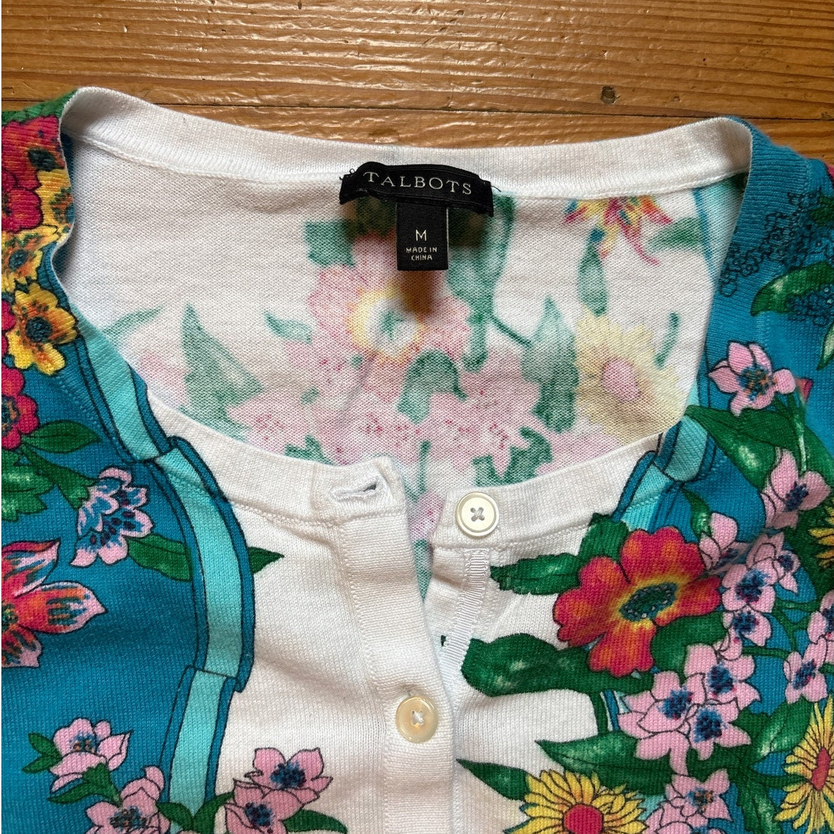 Talbots teal white floral button cardigan sweater SIZE M