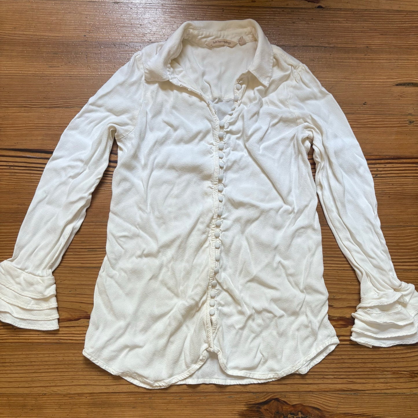 Soft Surroundings ivory button up bell ruffle long sleeve blouse SIZE XS