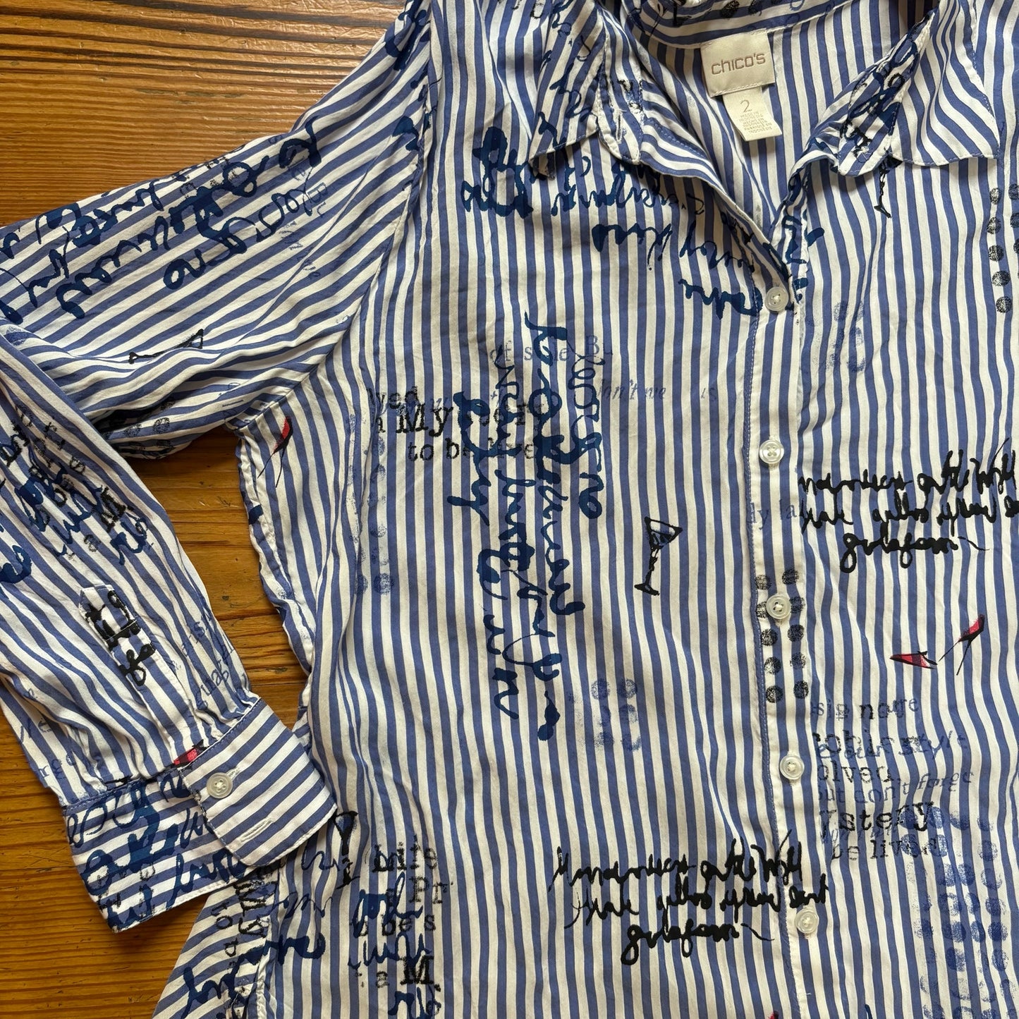 Chico's blue white striped Amalfi button up long sleeve shirt SIZE 12
