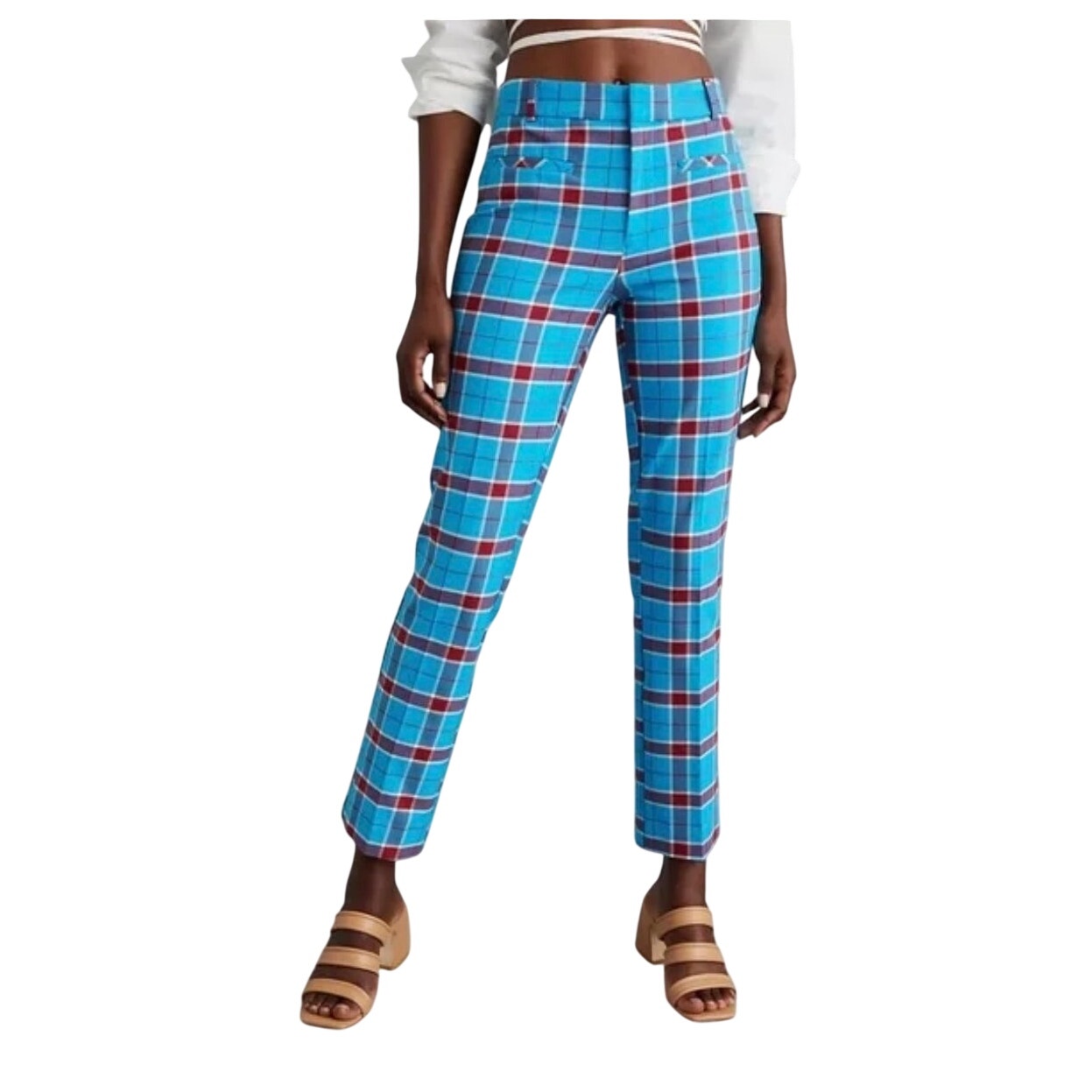 Anthropologie blue teal red plaid slim kick flare cropped trouser pants SIZE 10