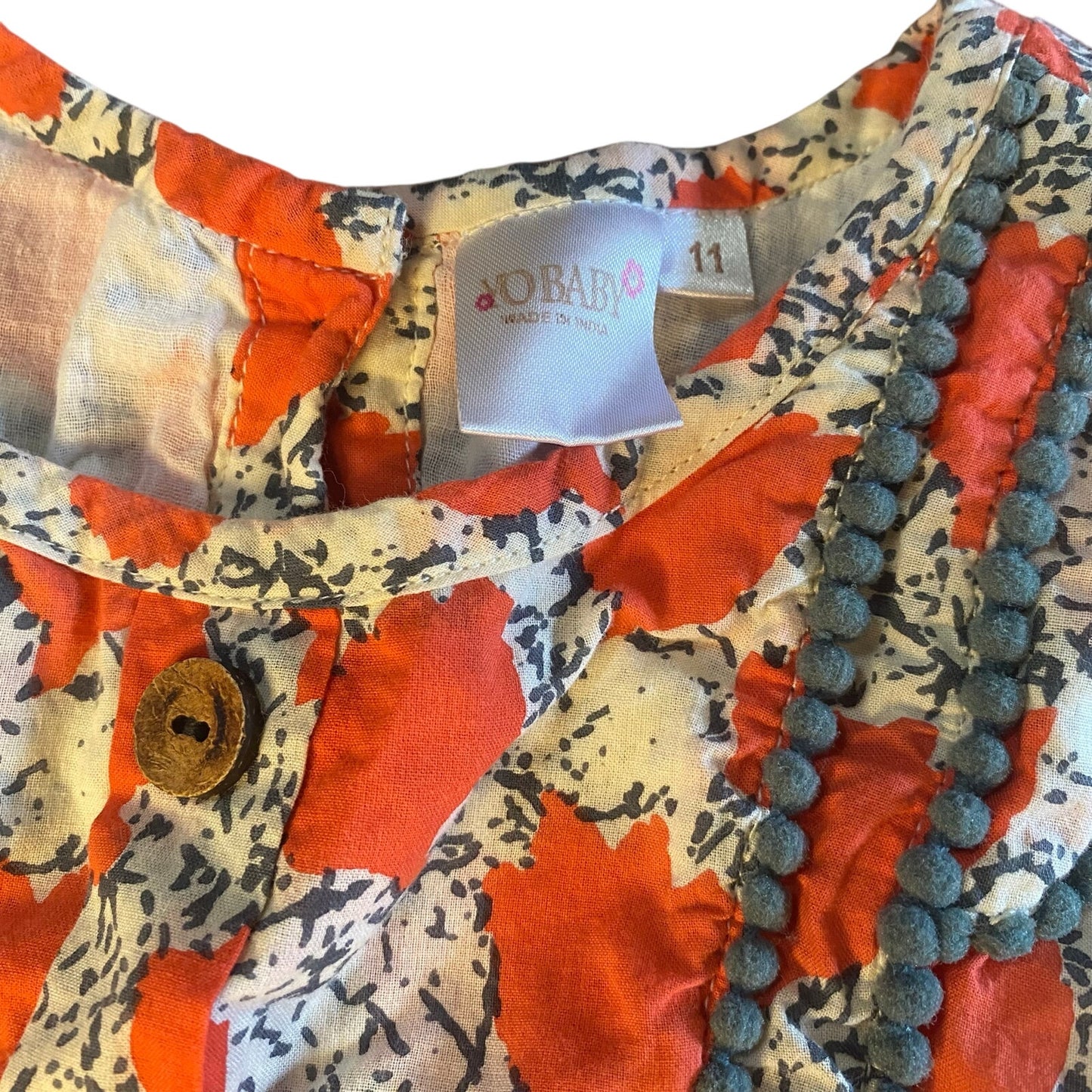 Yo Baby white orange floral sleeveless pom pom accent girls dress SIZE 11