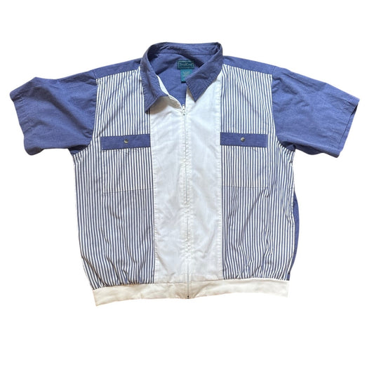 VTG Tropicool blue white pin striped zip short sleeve polo shirt SIZE XL