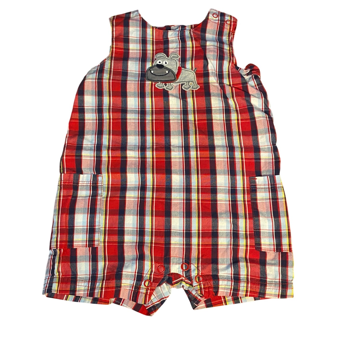 Carter's red blue plaid bulldog sleeveless shorts boys romper SIZE 18M