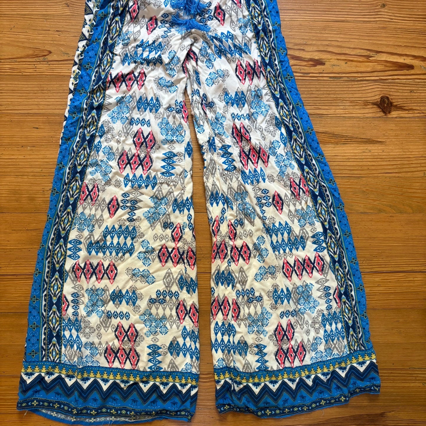 Flying Tomato blue white patterned wide leg elastic waistband pants SIZE S