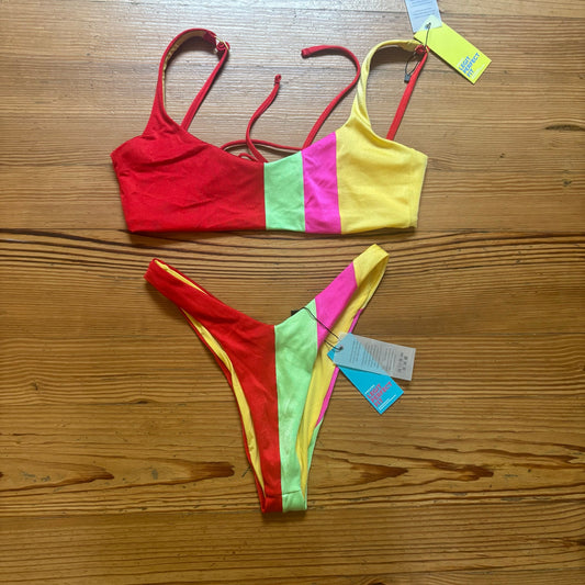 NWT One One red yellow green striped adjustable thong bikini swimsuit SIZE M