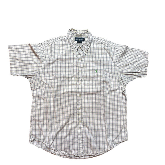 Ralph Lauren white pink blue classic plaid short sleeve button up shirt SIZE XL
