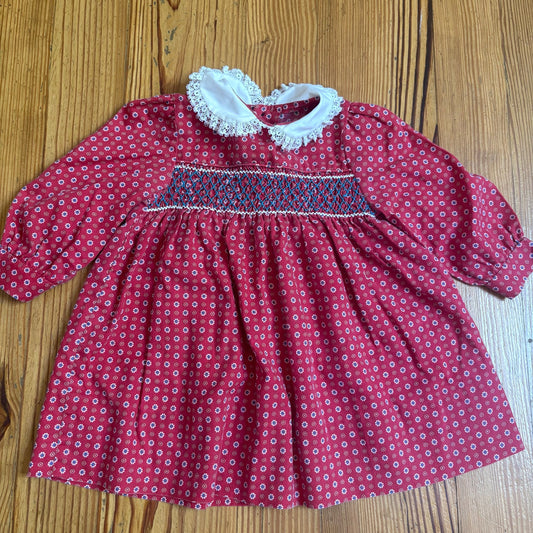 Polly Flinders vintage red smocked lace collar long sleeve dress SIZE 2