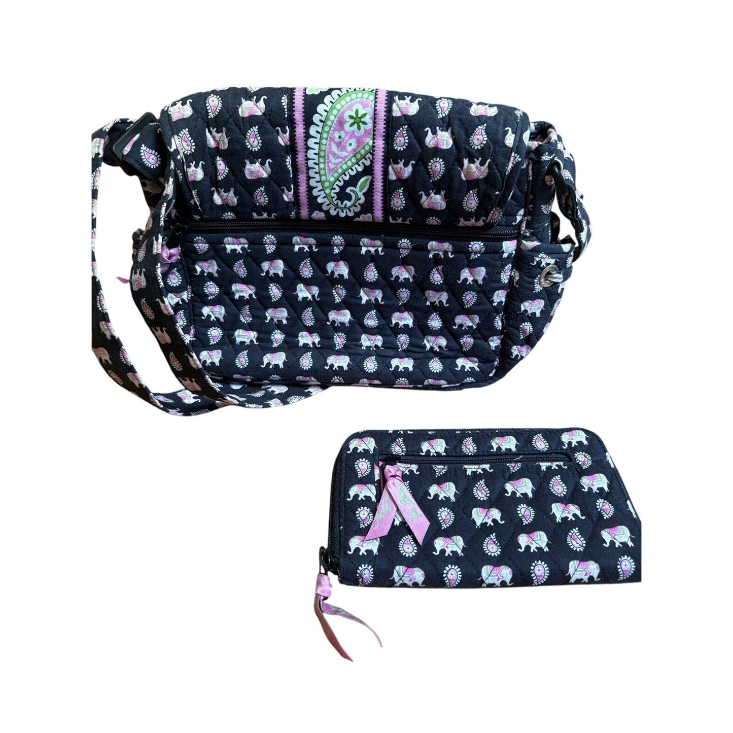 Vera Bradley black pink elephant medium shoulder bag with wallet