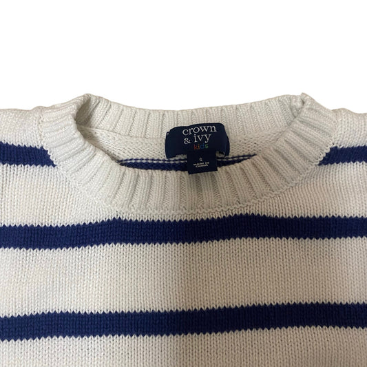 Crown & Ivy blue white striped knit crew kids sweater SIZE S