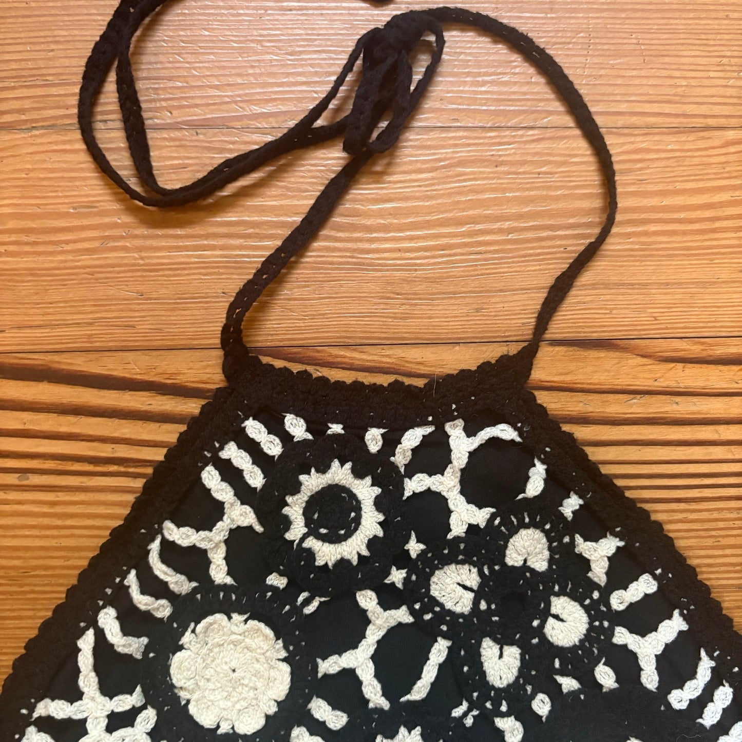 Zara black white floral crochet knit lined cropped halter top SIZE S