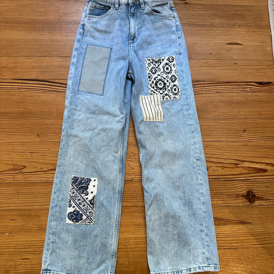H&M light wash patched wide leg high waist jeans SIZE 14