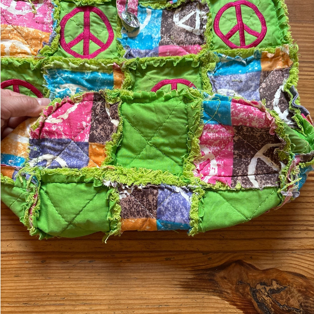 Green colorful patchwork peace sign boho crossbody rag bag