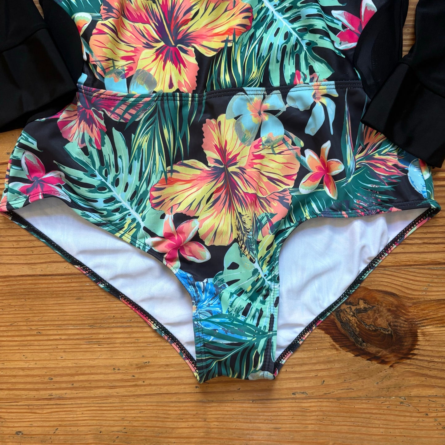 Shein black tropical floral long sleeve rashguard one piece swimsuit SIZE XL