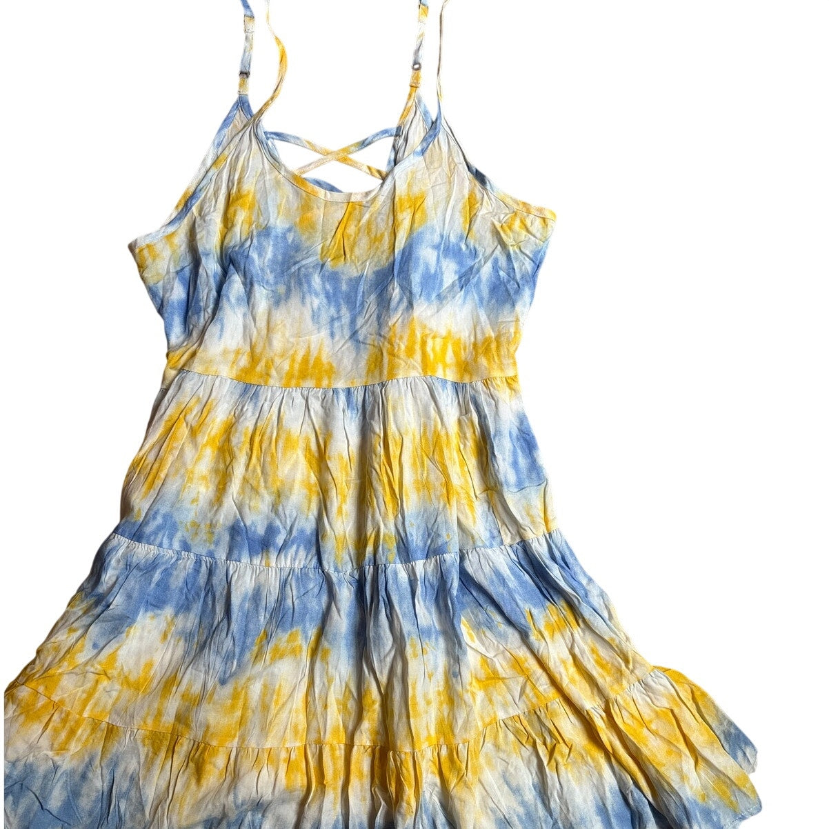 NWT Paradise USA blue yellow tie dyed adjustable strap tiered sun dress SIZE L