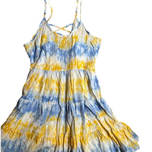 NWT Paradise USA blue yellow tie dyed adjustable strap tiered sun dress SIZE L