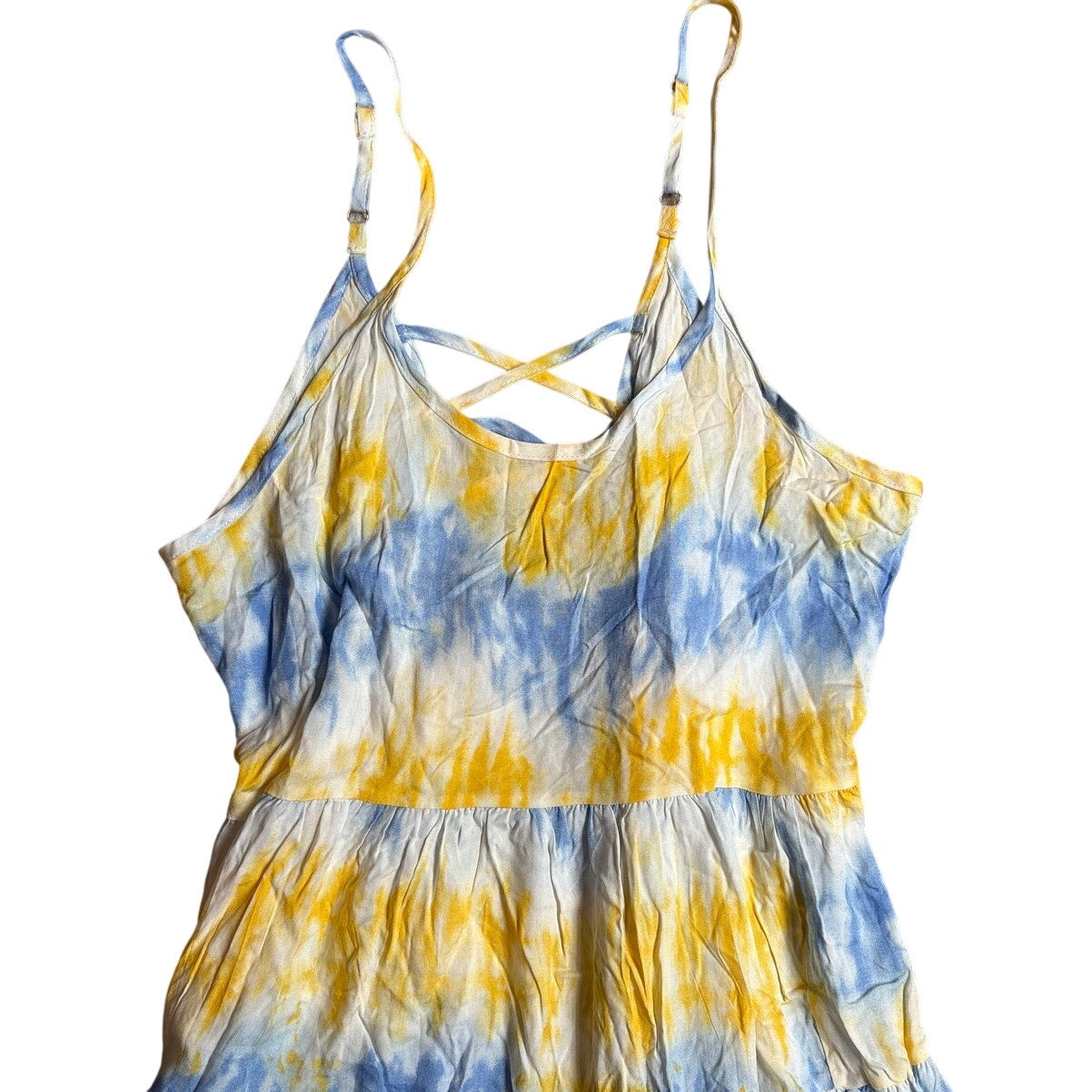 NWT Paradise USA blue yellow tie dyed adjustable strap tiered sun dress SIZE L