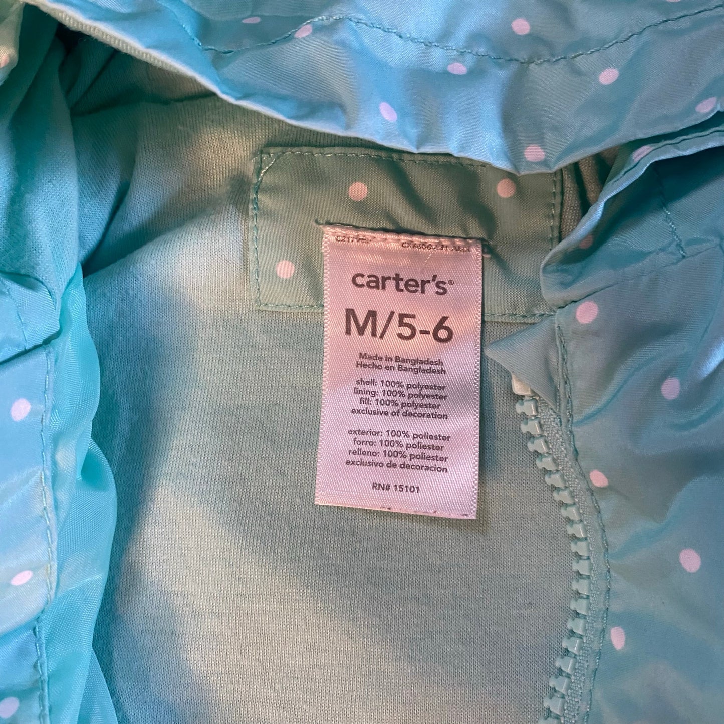 Carter's light blue white polka dot ca pocket full zip hooded rain coat SIZE M