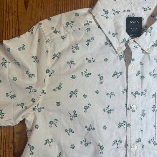 NWT RVCA white floral slim fit short sleeve button up mens shirt SIZE M