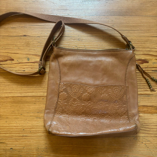 The Sak light brown leather floral embossed shoulder bag