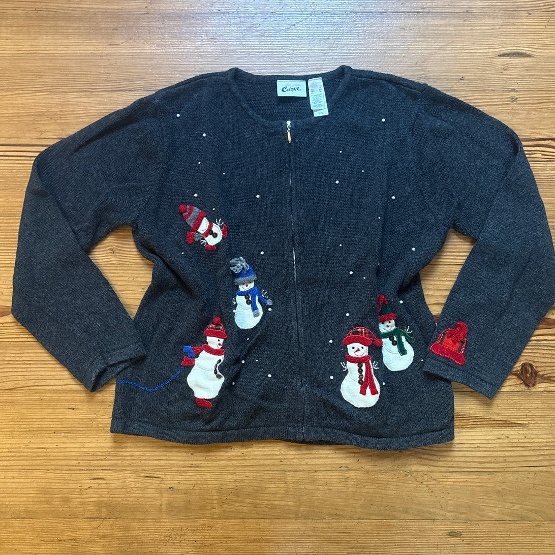 VTG Curve gray ugly Christmas full zip snowman winter cardigan sweater SIZE XL
