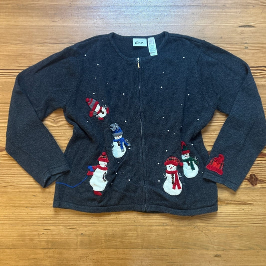 VTG Curve gray ugly Christmas full zip snowman winter cardigan sweater SIZE XL