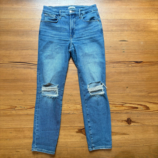 Good American Indigo high rise medium wash distressed ankle jeans SIZE 8