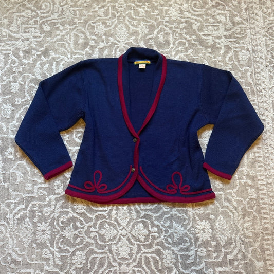 VTG Bryn Connelly blue red embroidered design button cardigan sweater SIZE S