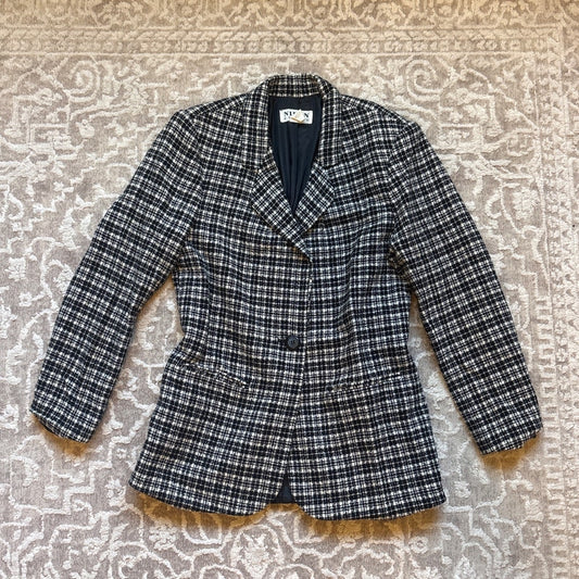 VTG Nipon Studio black white tweed womens button wool blazer SIZE 8