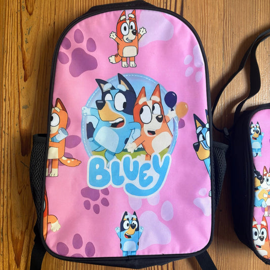Bluey Bingo pink graphic black bookbag lunch set
