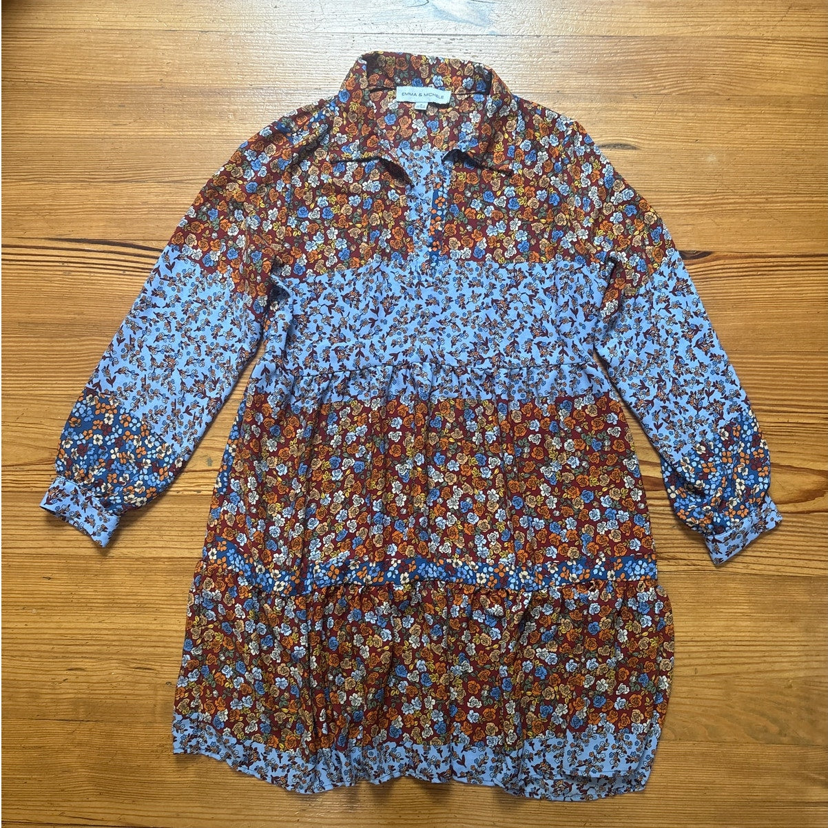 Emma & Michele red blue boho floral babydoll collar tiered log sleeve dress SIZE M