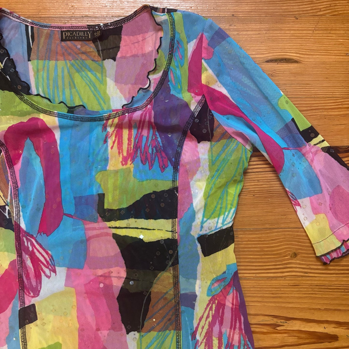 Picadilly Fashions colorful sheer quarter sleeve sequin blouse SIZE L