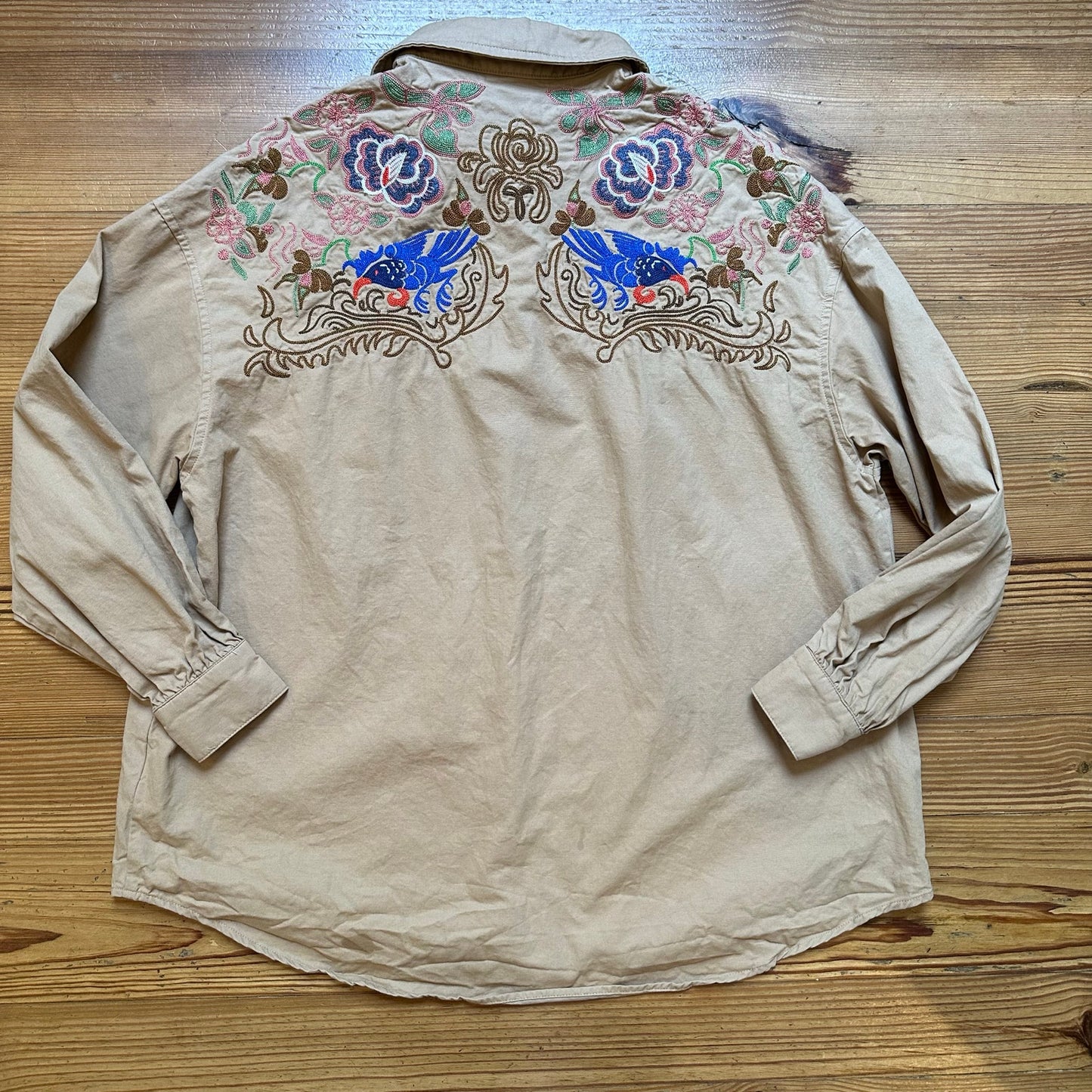 Shein beige floral embroidered long sleeve button up shirt SIZE M