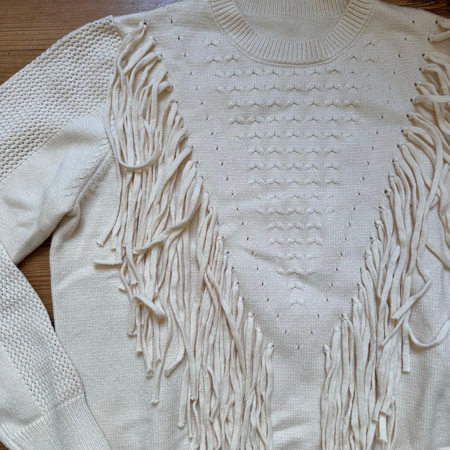NWT cream western fringe knit crew sweater SIZE M