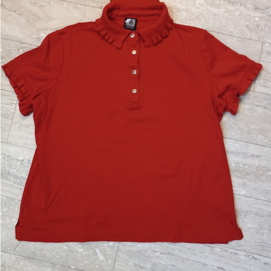 Anne Klein Sport red ruffle collar short sleeve womens preppy polo shirt SIZE L