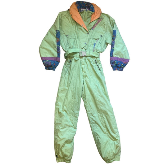 VTG Diadora SkiArt green blue fleece paisley pattern zip belted hooded ski suit