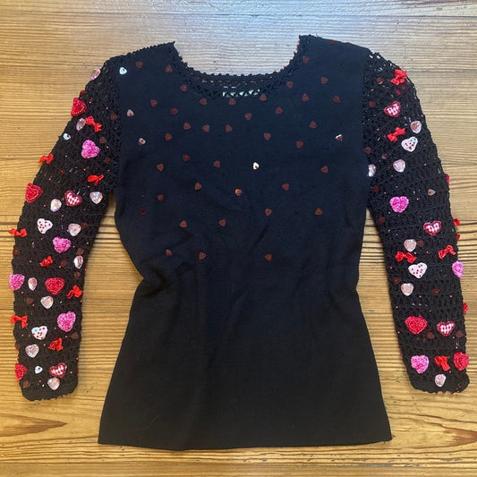 Just B crochet sleeve Valentine heart black knit long sleeve shirt SIZE S