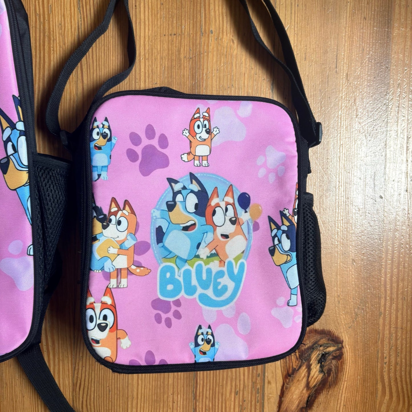 Bluey Bingo pink graphic black bookbag lunch set