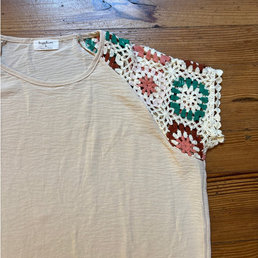 SAPPHIRE cream crochet boho short sleeve scoop neck shirt SIZE XL