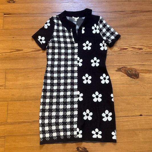 CATO black white checkered daisy mod collared short sleeve mini dress SIZE M