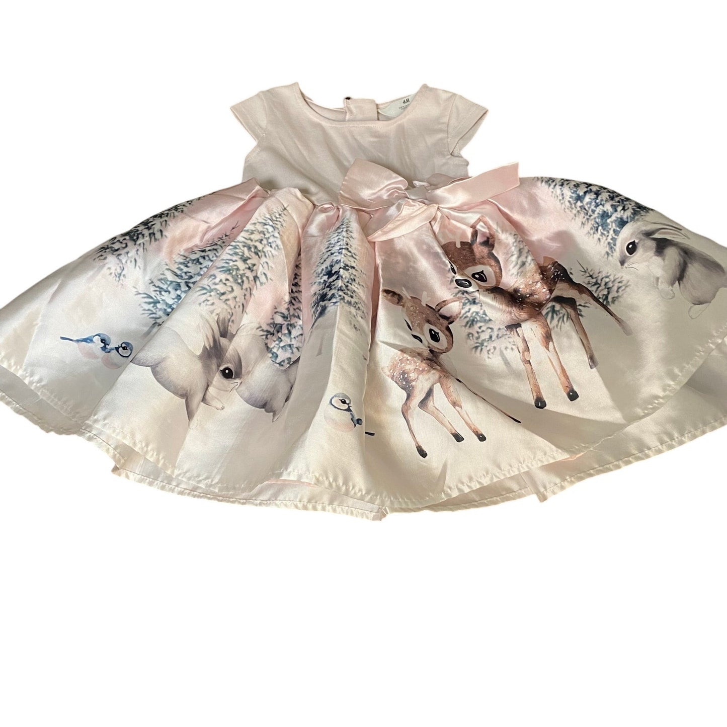 H&M pink white snowy woodland deer Christmas sleeveless flare dress SIZE 2T