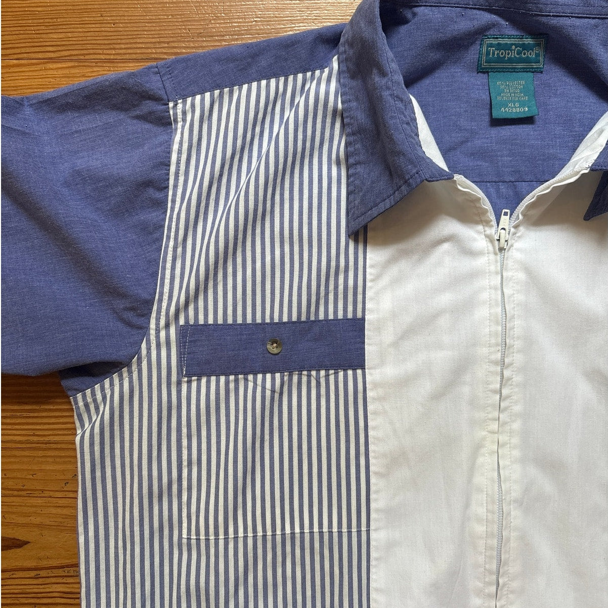 VTG Tropicool blue white pin striped zip short sleeve polo shirt SIZE XL