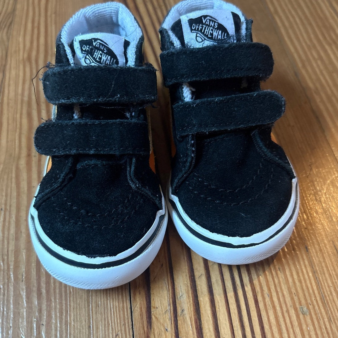 VANS black suede red orange flame high top velkro sneakers SIZE 5