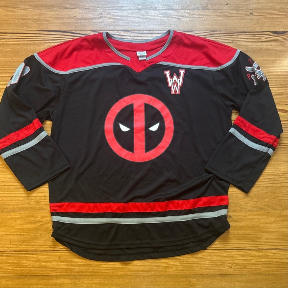 Marvel Deadpool graphic black red long sleeve jersey shirt SIZE 2XL